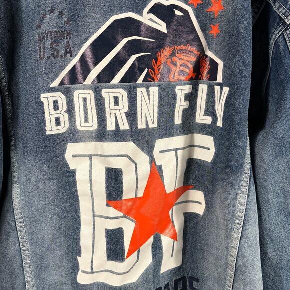 Born Fly Men's 3XL Embroidered Patchwork Aviator Heavy Long Sleeve Denim Jacket - Picture 4 of 10